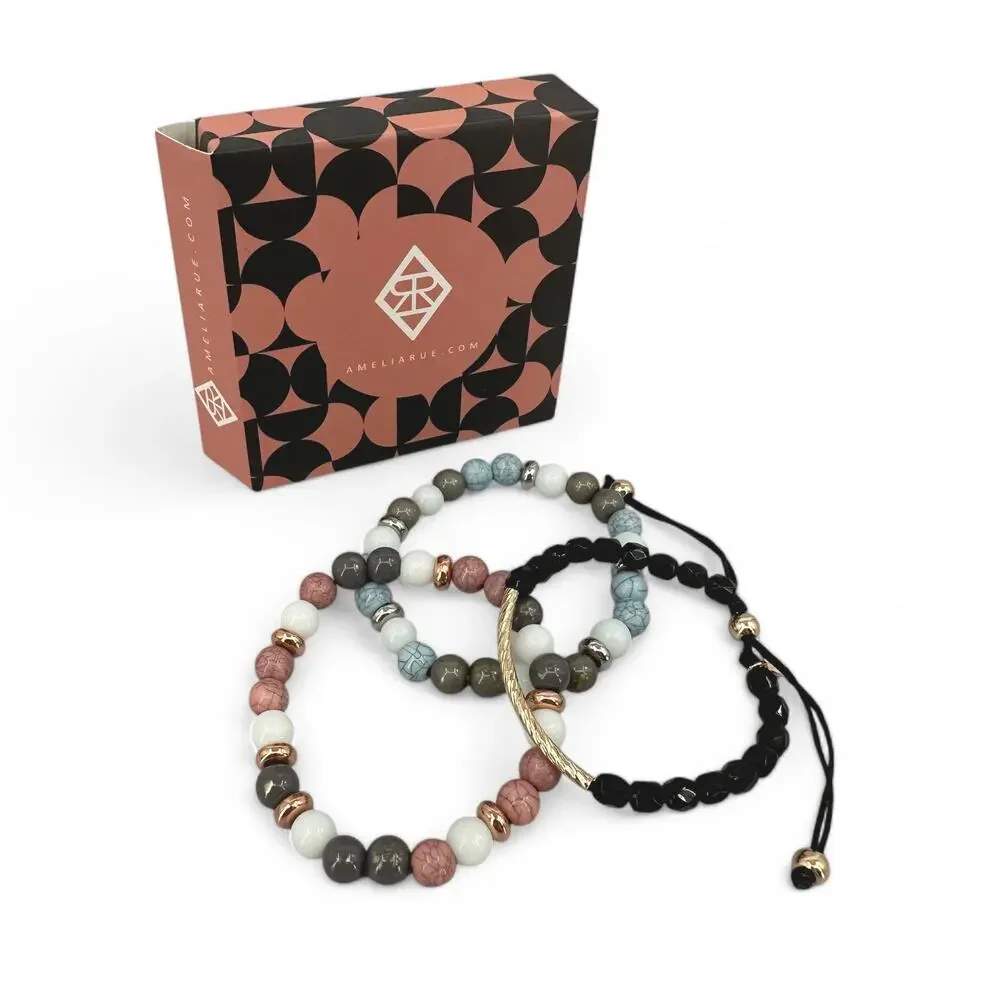Amelia Rue Kinsley 3-Piece Bracelet Set Beaded Stretch and Adjustable